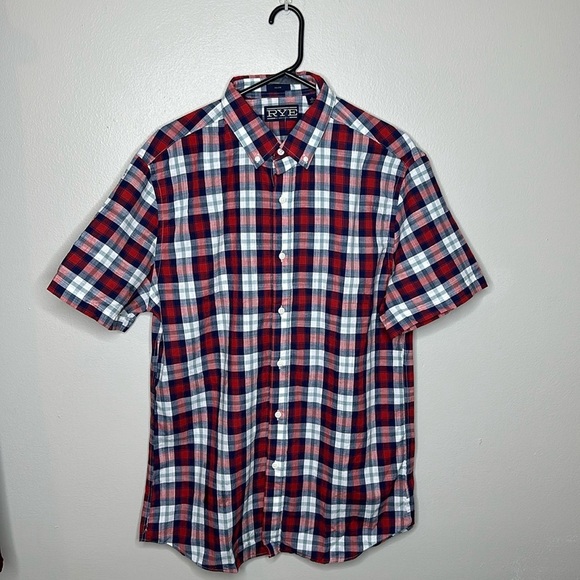 Rye by Hawker Rye Plaid Button Down Short Sleeve Shirt Red Blue NWOT Large tall - Picture 9 of 10